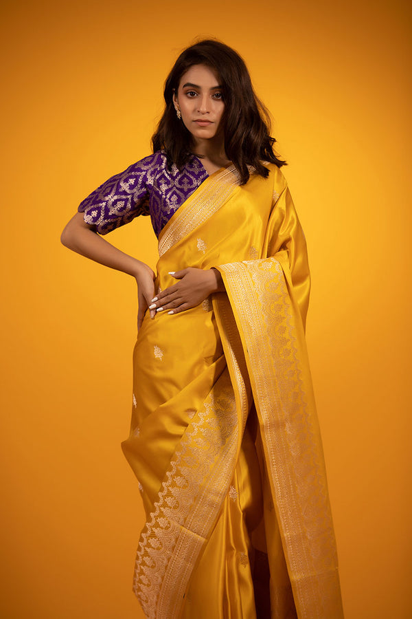 Golden Yellow Ethnic Handwoven Banarasi Satin Silk Saree - Chinaya Banaras