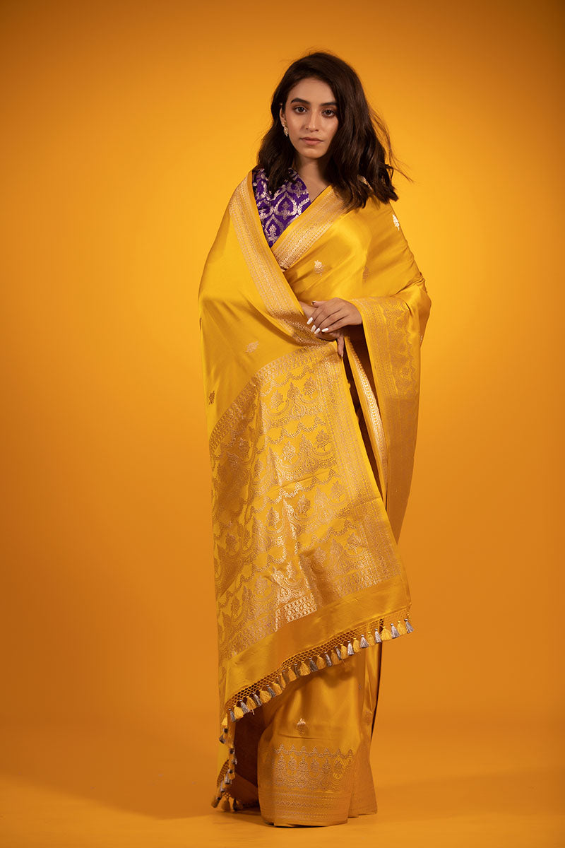 Golden Yellow Ethnic Handwoven Banarasi Satin Silk Saree - Chinaya Banaras