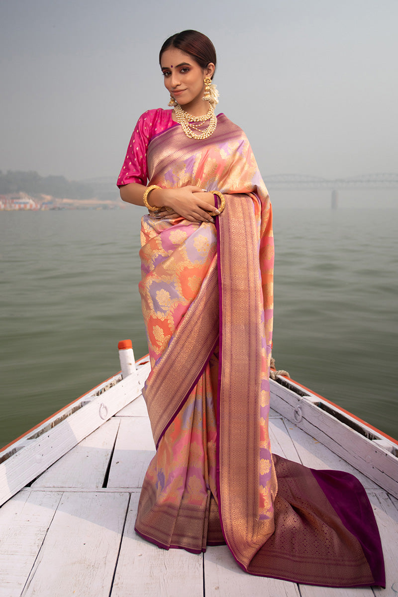 women In Purple Handwoven Banarasi Silk Saree At Chinaya Banaras