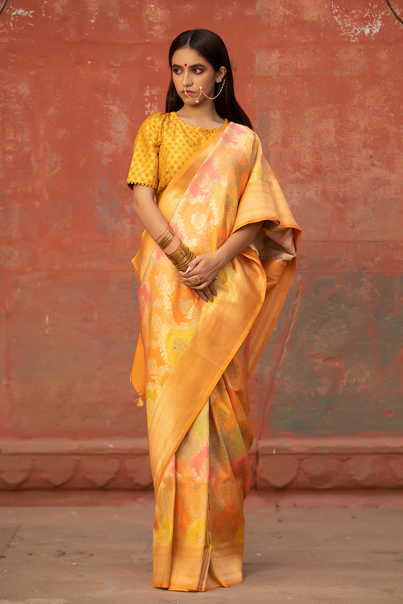 Yellow Rangkat Handwoven Banarasi Silk Saree At Chinaya Banaras