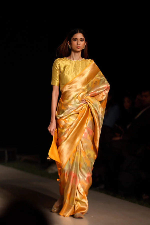 Yellow Handwoven Banarasi Silk Blouse By Chinaya Banaras