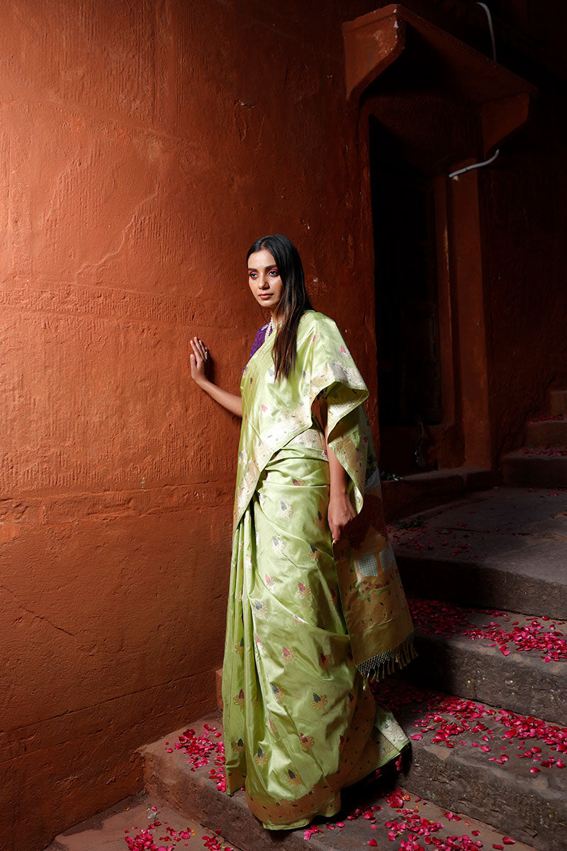 Light Parrot Green Kadhwa Woven Banarasi Katan Silk Saree - Chinaya Banaras