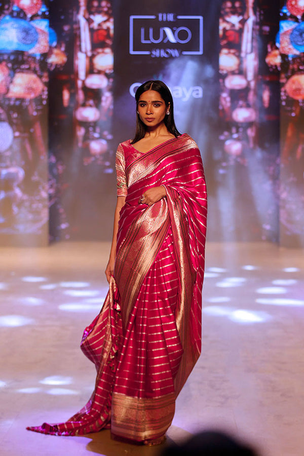 Women In Magenta Pink Banarasi Satin Silk Saree By Chinaya Banaras