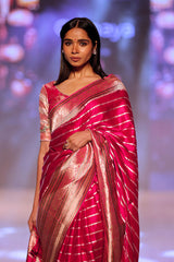 Magenta Pink Striped Kadhwa Woven Banarasi Satin Silk Saree - Chinaya Banaras