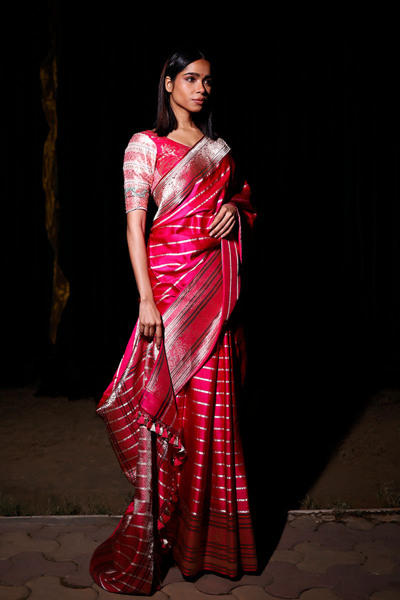 Magenta Pink Striped Kadhwa Woven Banarasi Satin Silk Saree - Chinaya Banaras