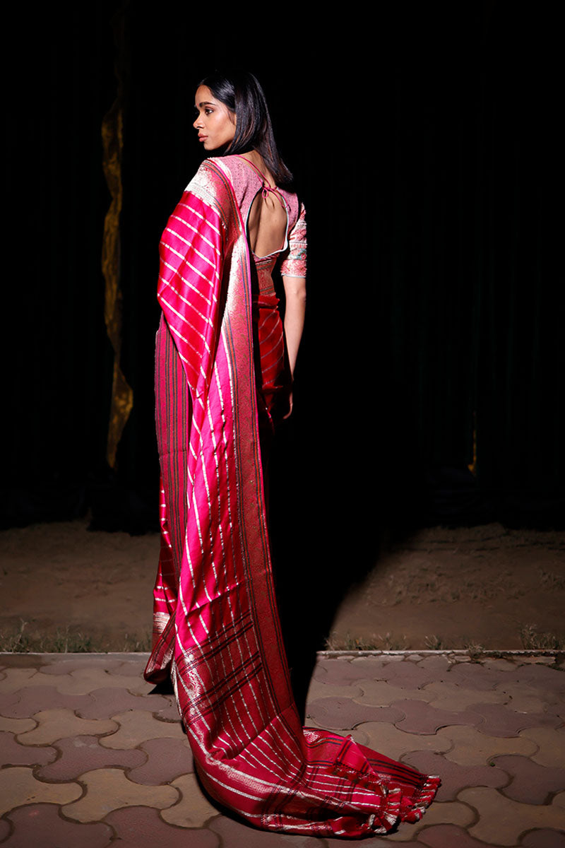 Magenta Pink Striped Kadhwa Woven Banarasi Satin Silk Saree - Chinaya Banaras