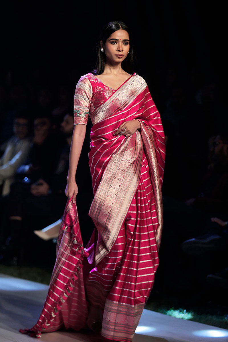 Magenta Pink Striped Kadhwa Woven Banarasi Satin Silk Saree - Chinaya Banaras