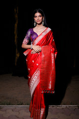 Regal Red Ethnic Kadhwa Woven Banarasi Satin Silk Saree - Chinaya Banaras