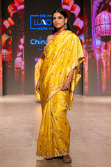 Women In Light Yellow Banarasi Katan Silk Saree By Chinaya Banaras