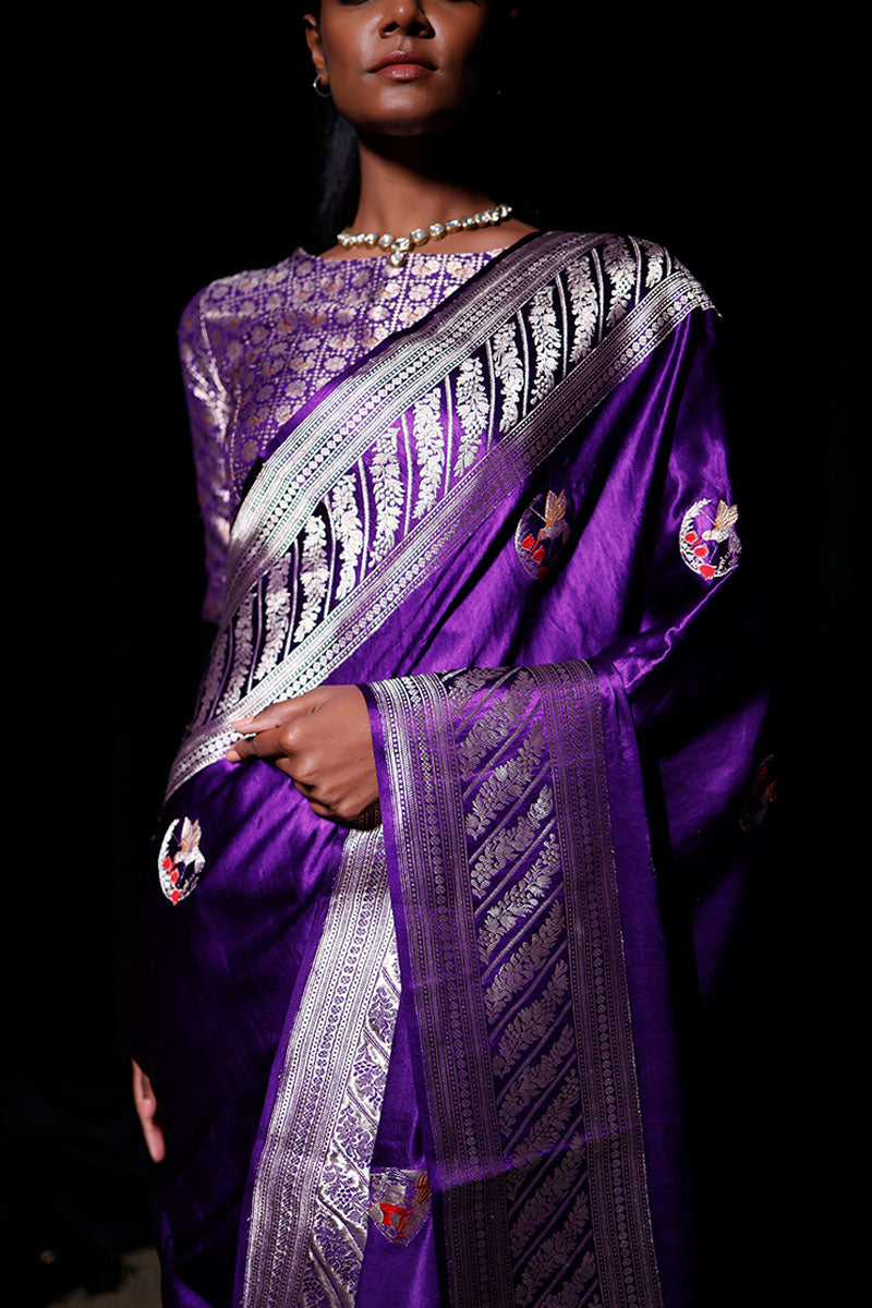 Deep Purple Ethnic Kadhwa Woven Banarasi Gajji Silk Saree - Chinaya Banaras