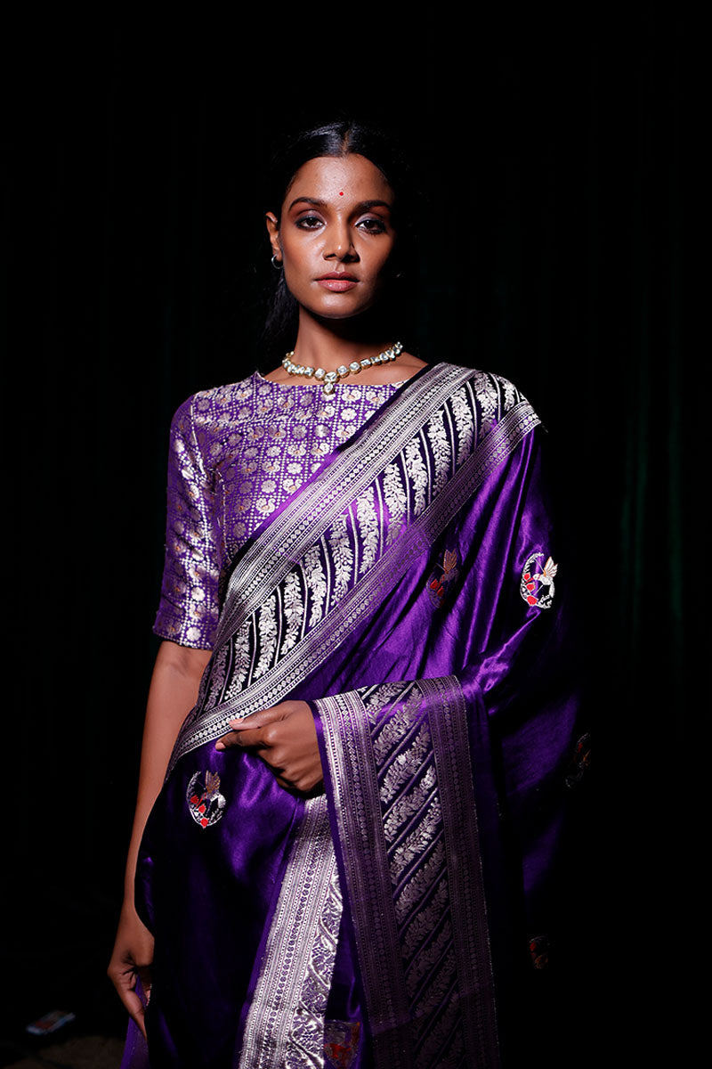 Deep Purple Ethnic Kadhwa Woven Banarasi Gajji Silk Saree - Chinaya Banaras