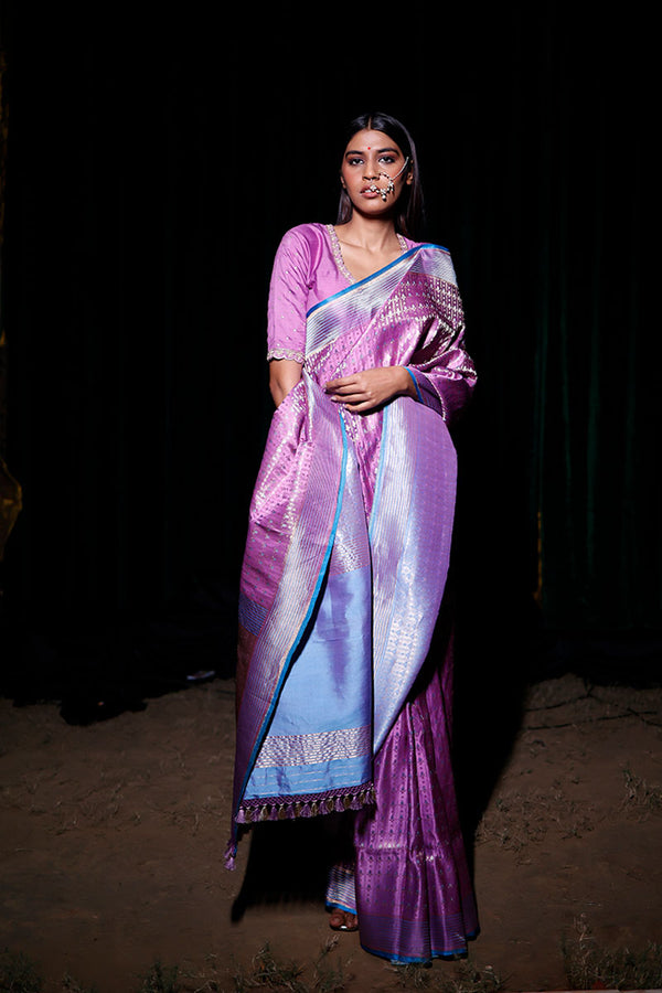 Women In Lilac Striped Banarasi Satin Silk Saree by Chinaya Banaras
