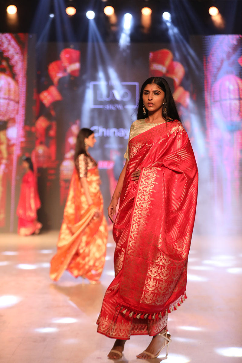 Red Striped Kadhwa Woven Banarasi Satin Silk Saree - Chinaya Banaras