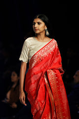 Red Striped Kadhwa Woven Banarasi Satin Silk Saree - Chinaya Banaras