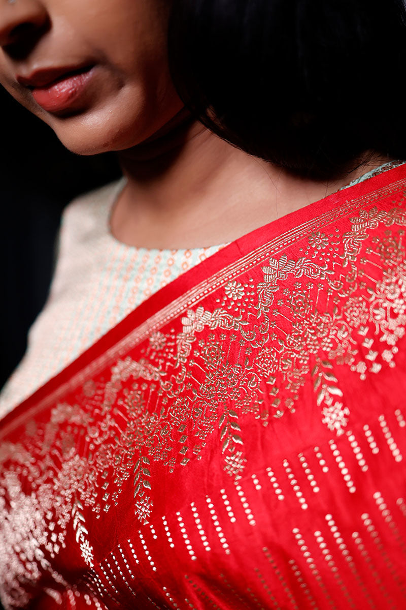 Red Striped Kadhwa Woven Banarasi Satin Silk Saree - Chinaya Banaras