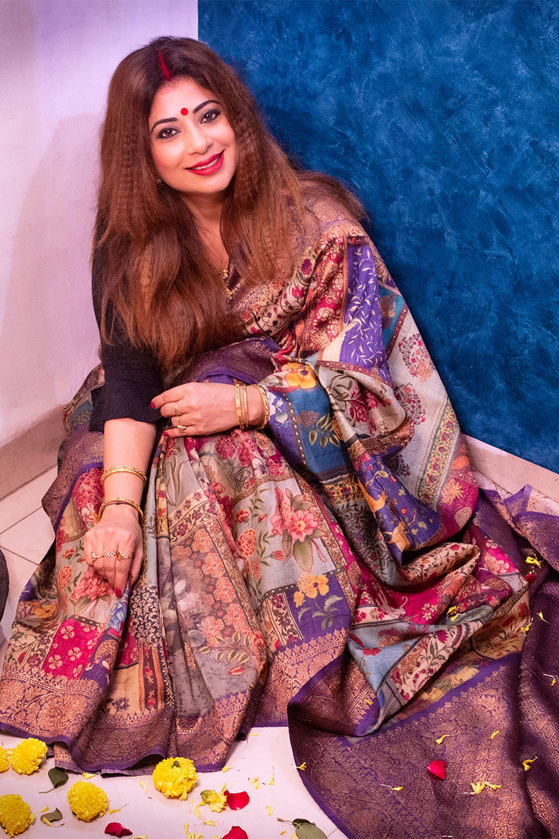 Malini Kapoor In Purple Floral & Figure Printed Tussar Silk Saree - Chinaya Banaras