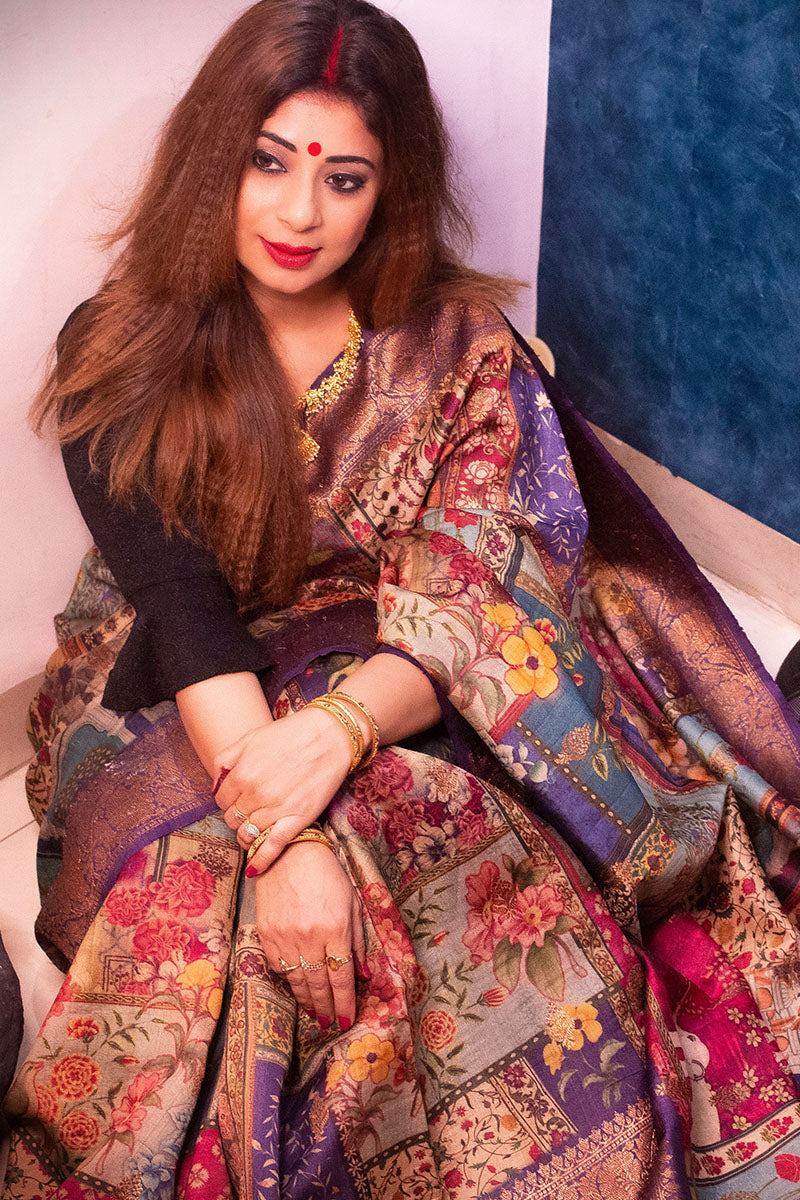 Malini Kapoor In Purple Floral & Figure Printed Tussar Silk Saree - Chinaya Banaras