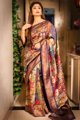 Malini Kapoor in Purple Floral Printed Silk Saree at  Chinaya Banaras