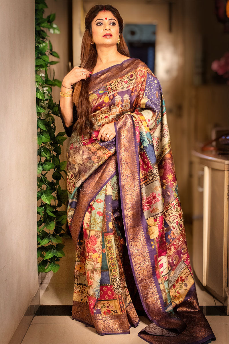 Malini Kapoor in Purple Floral Printed Silk Saree at  Chinaya Banaras