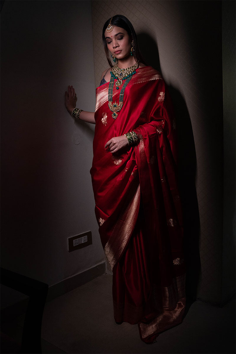 Red Handwoven Satin Silk Saree - Chinaya Banaras