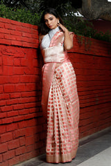 Peach Geometrical Handloom Banarasi Satin Silk Saree