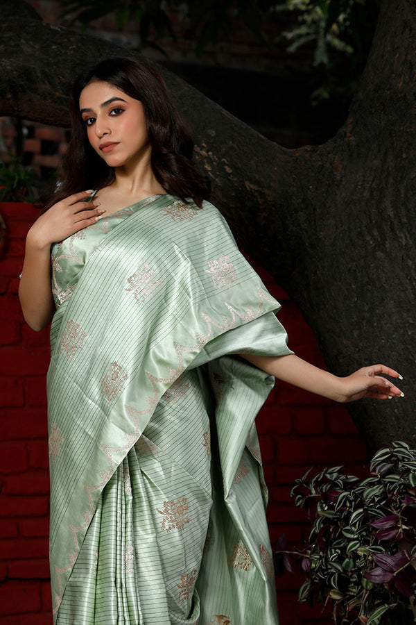 Pastel Green Striped Handloom Banarasi Satin Silk Saree