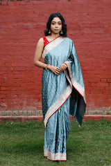 Blue Ethnic Handwoven Banarasi Satin Silk Saree By Chinaya Banaras