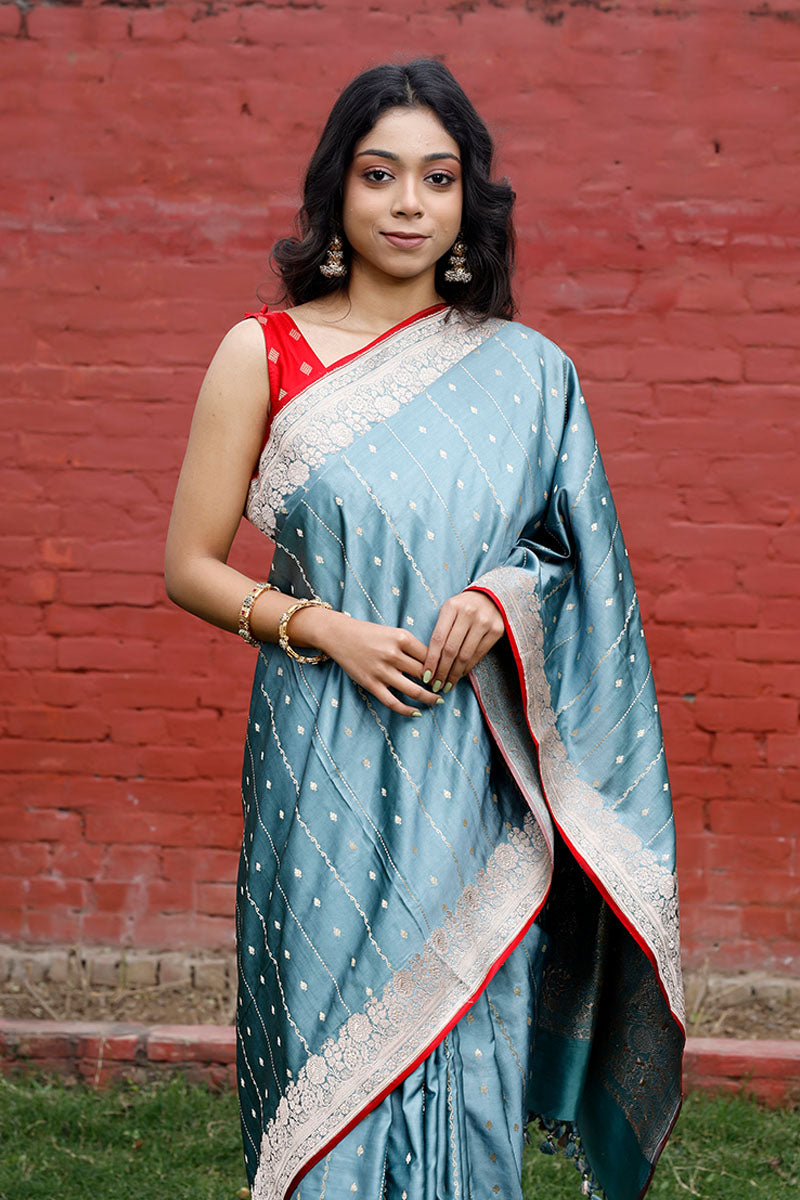 Metallic Blue Handloom Satin Silk Banarasi Saree