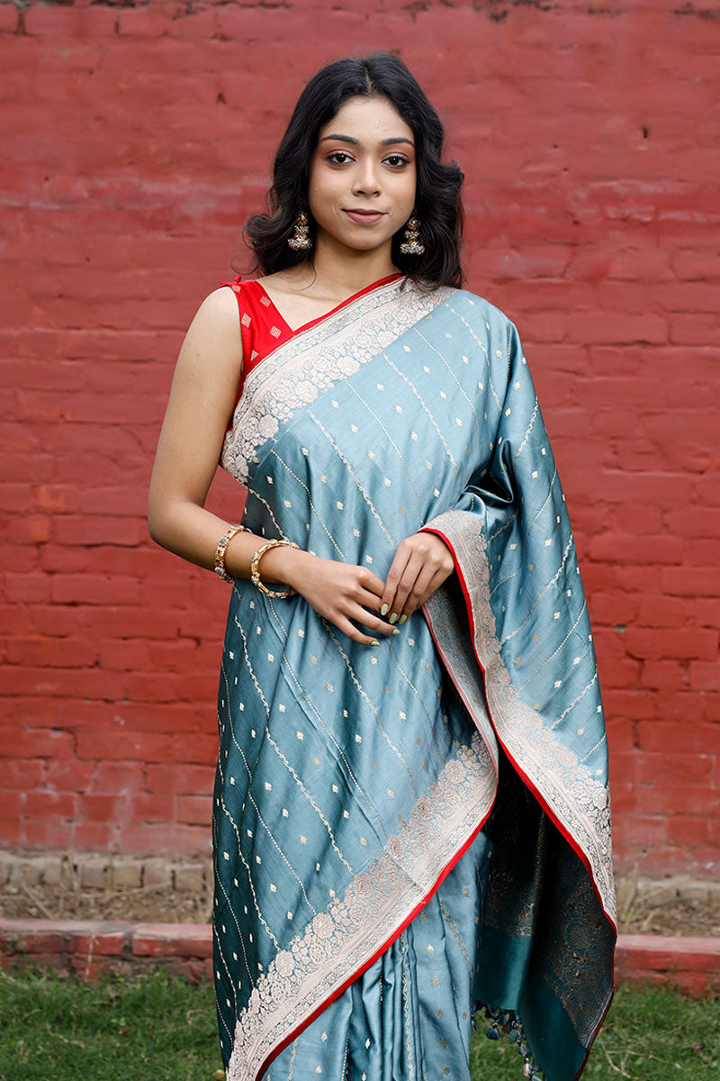 Mettalic Blue Ethnic Handloom Banarasi Satin Silk Saree