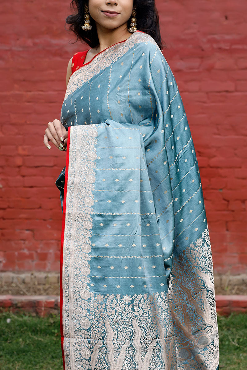 Mettalic Blue Ethnic Handloom Banarasi Satin Silk Saree