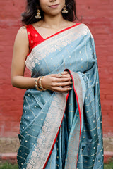 Metallic Blue Handloom Satin Silk Banarasi Saree