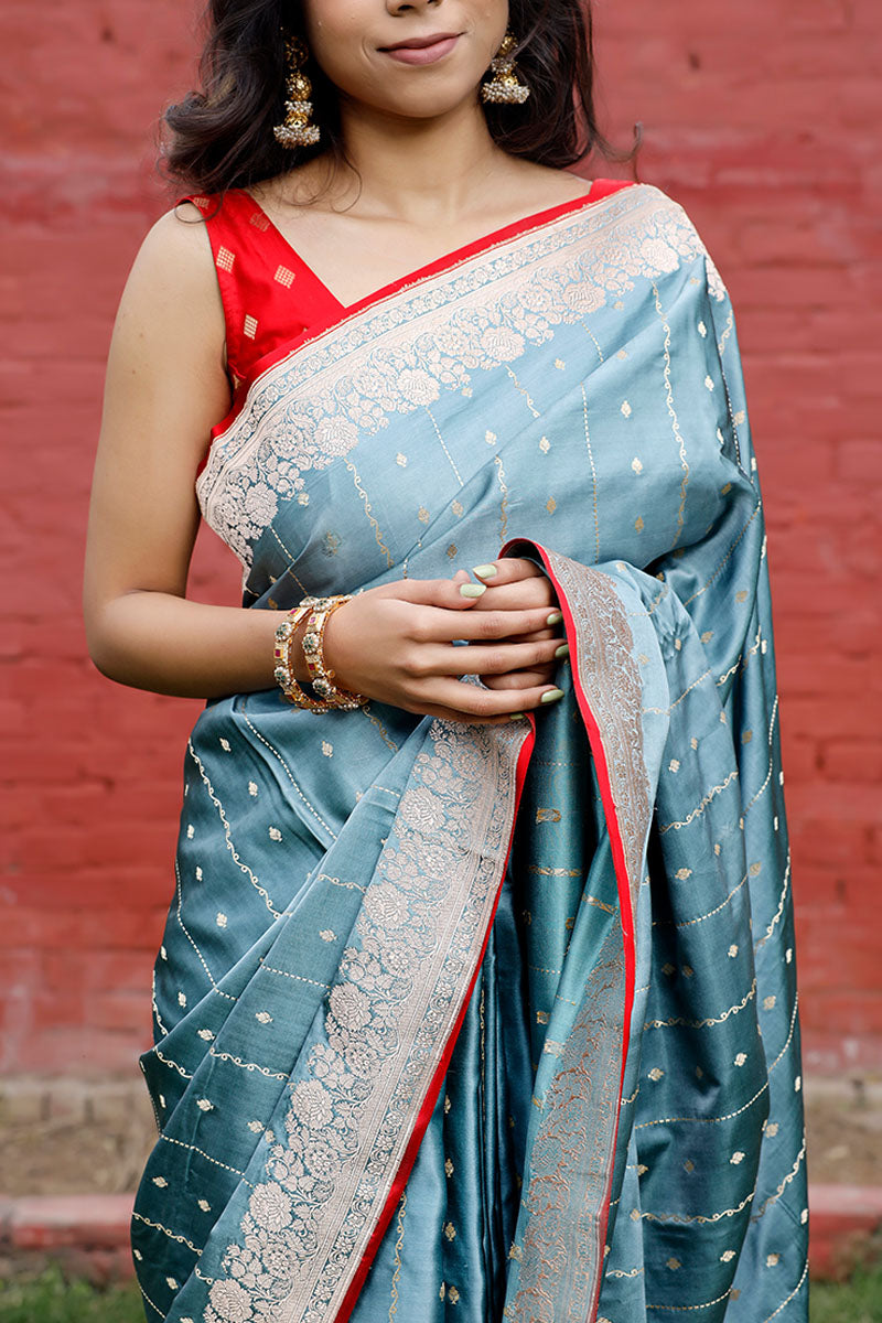 Metallic Blue Handloom Satin Silk Banarasi Saree
