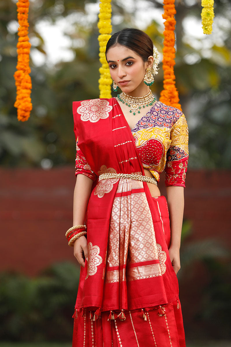 Bright Red Handloom Banarasi Silk Saree