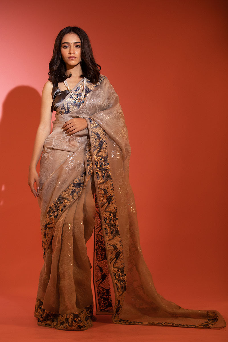 Silver Grey Embellished Organza Silk Saree