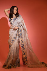 Silver Grey Embellished Organza Silk Saree