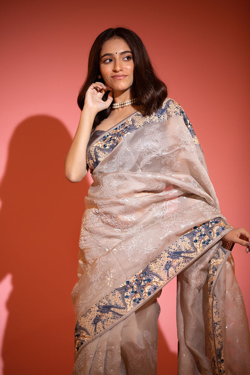 Silver Grey Embellished Organza Silk Saree