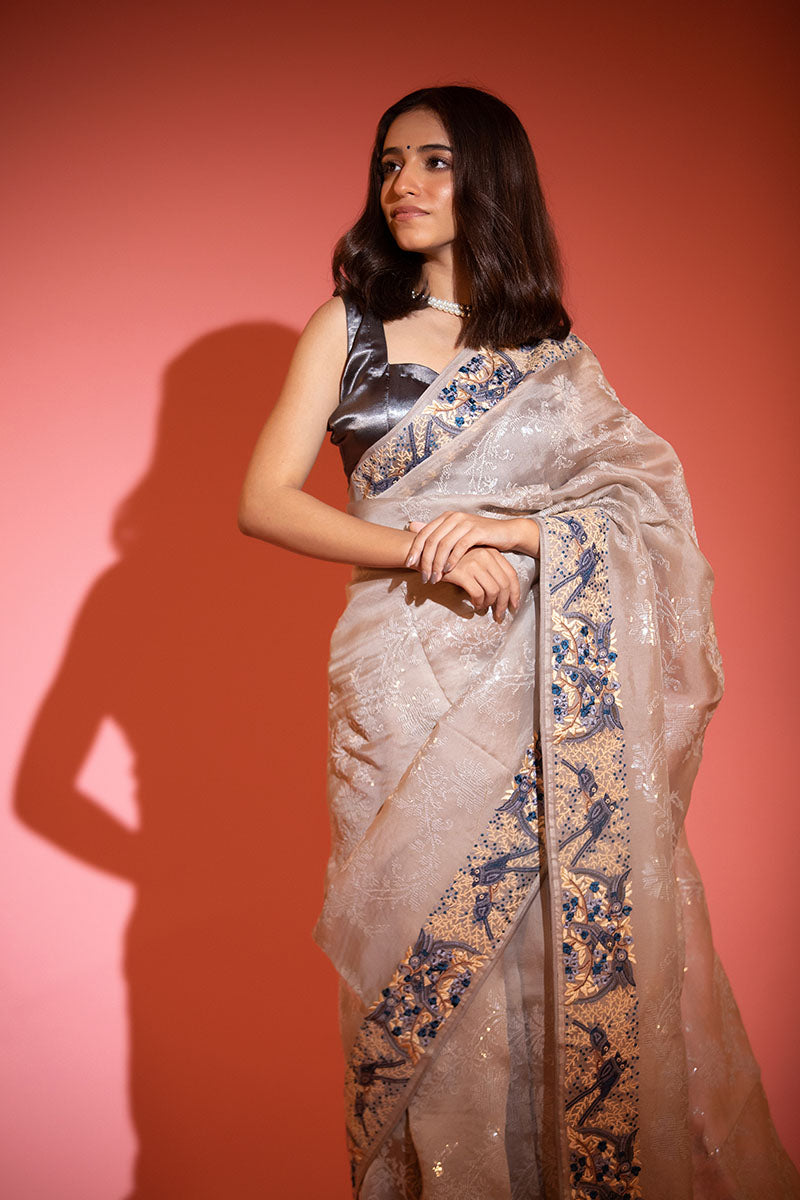 Silver Grey Embellished Organza Silk Saree