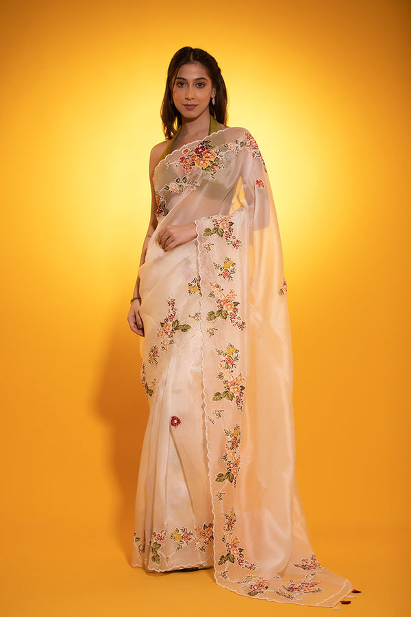 Women In White Embellished Organza Silk Saree At Chinaya Banaras