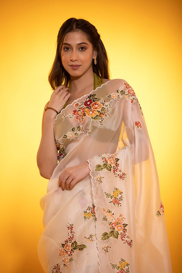 Dreamy White Embellished Organza Silk Saree - Chinaya Banaras