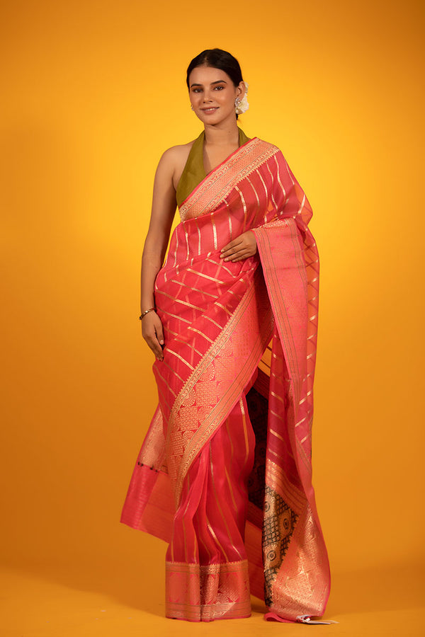 Women In Pink Handwoven Organza Silk Saree At Chinaya Banaras