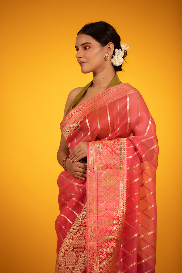 Salmon Pink Handwoven Organza Silk Saree - Chinaya Banaras