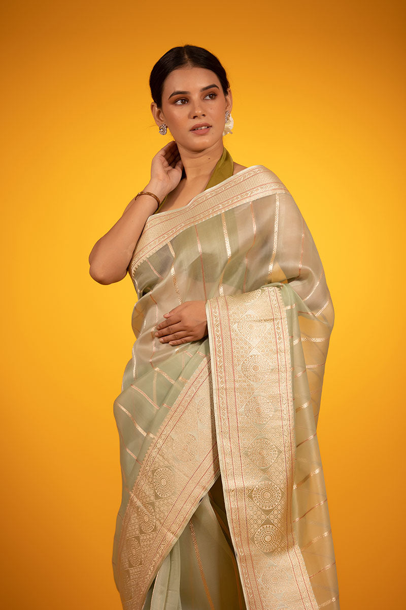 Sage Green Striped Handwoven Organza Silk Saree - Chinaya Banaras