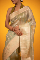 Sage Green Striped Handwoven Organza Silk Saree - Chinaya Banaras