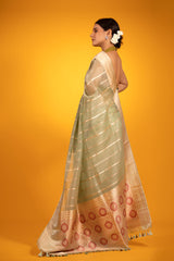 Sage Green Striped Handwoven Organza Silk Saree