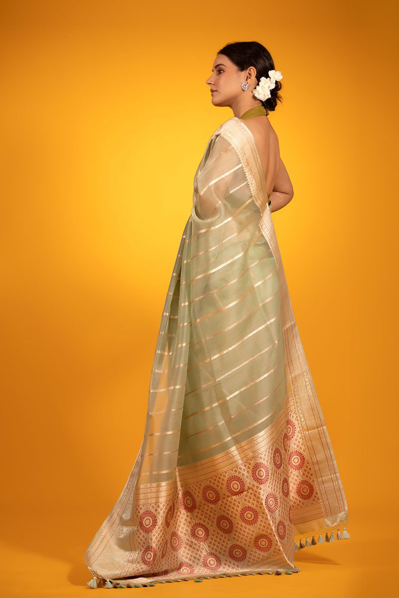 Sage Green Striped Handwoven Organza Silk Saree