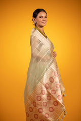 Sage Green Striped Handwoven Organza Silk Saree