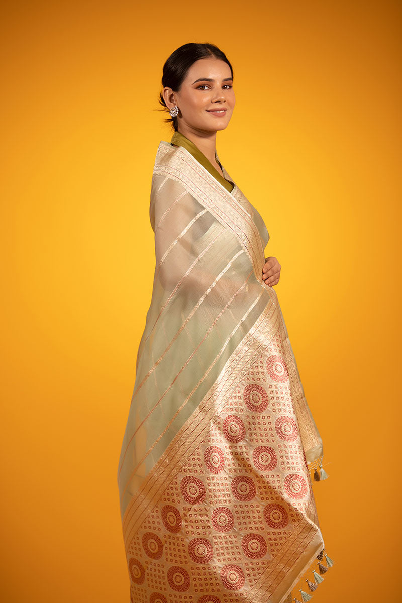 Sage Green Striped Handwoven Organza Silk Saree - Chinaya Banaras