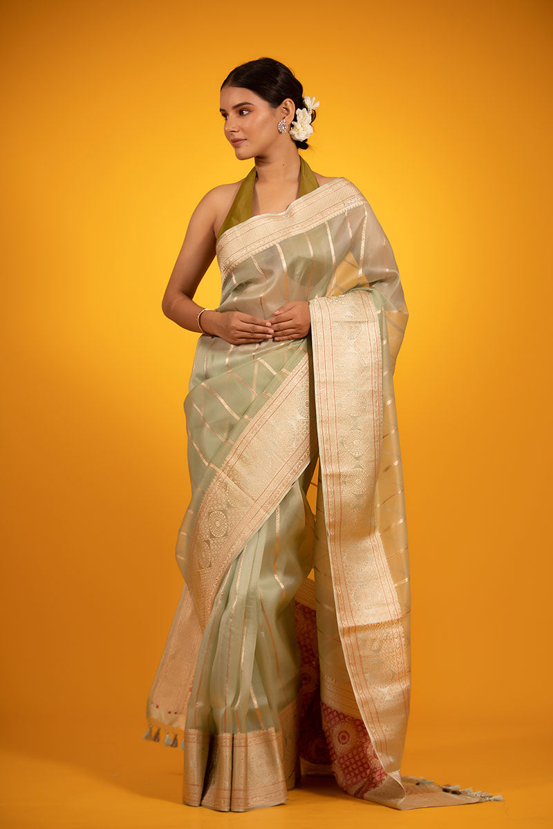 Sage Green Striped Handwoven Organza Silk Saree