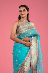 Sky Blue Ethnic Handwoven Organza Silk Saree - Chinaya Banaras