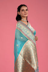 Sky Blue Ethnic Handwoven Organza Silk Saree - Chinaya Banaras